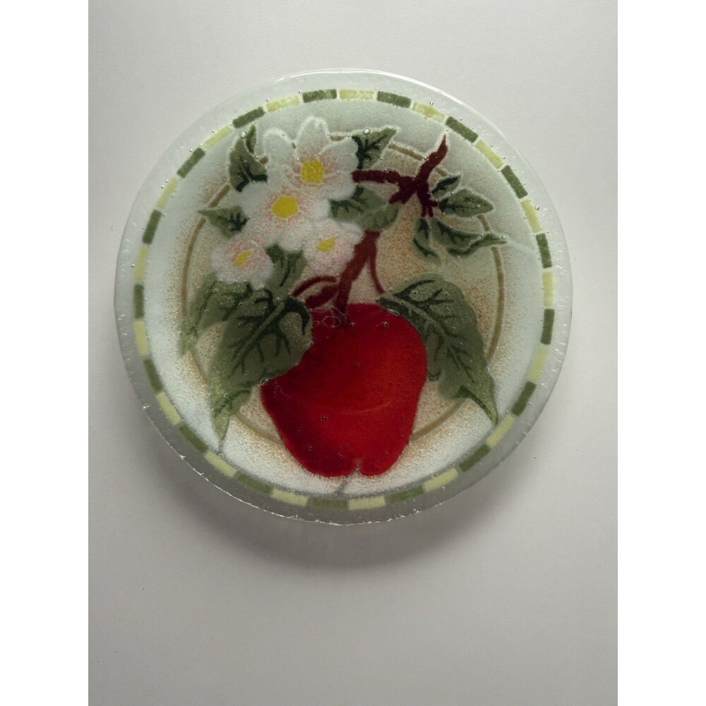 Peggy Karr Fused Art Glass 7 1/2" plate Red Apple Blossoms Summer Fresh Color